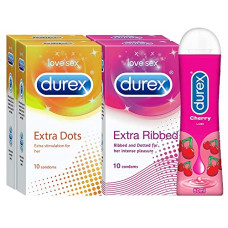 Deals, Discounts & Offers on Sexual Welness - Durex Pleasure Packs (Condoms - 10 Count (Pack of 2, Extra Dots), Condoms - 10 Count (Pack of 2, Extra Ribbed), Pleasure Gel - 50 ml (Cherry))