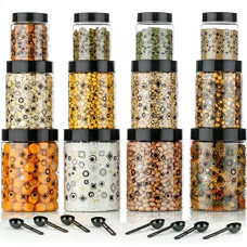 Deals, Discounts & Offers on  - SR Creation Airtight Kitchen Containers Set of 12-4 pcs x 1200 ml Each, 4 pcs x 650 ml Each, 4 pcs x 350 ml Each, 12 Spoons Plastic Printed Design Jar Sets, Dabba For Home Storage (Black)