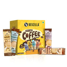 Deals, Discounts & Offers on  - Bevzilla 60 Instant Coffee Powder Sachets(4 Flavours) - 120 Grams | Turkish Hazelnut, Colombian Gold, French Vanilla & English Butterscotch | 15 Sachets Each Flavour| Makes 60 Cups| 100 % Arabica Coffee| Strong Coffee
