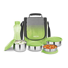 Deals, Discounts & Offers on  - Milton Tasty 4 Stainless Steel Combo Lunch Box With 4 Containers, (1 - 200 ml, 2 - 320 ml Each, 1 - 500 ml) and 1 Bottle, 500 ml, Green | Leak proof | Easy to carry | Odour Proof | Food Grade | Light Weight | Easy to Clean