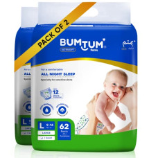 Deals, Discounts & Offers on Baby Care - Bumtum Baby Diaper Pants, Large Size, 124 Count, Double Layer Leakage Protection Infused With Aloe Vera, Cottony Soft High Absorb Technology (Pack of 2)