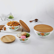 Deals and Offers on - CELLO Opalware Royale Mixing Bowl Set with Bamboo Lid - Lily 500ml, 1000ml, 1500ml, White, 3 Units Deals, Discounts & Offers on - CELLO Opalware Royale Mixing Bowl Set with Bamboo Lid - Lily 500ml, 1000ml, 1500ml, White, 3 Units