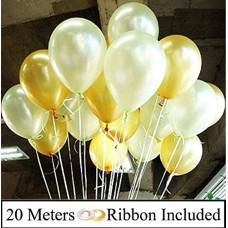 Deals and Offers on - AMFIN 10 Inch (Pack of 50) Metallic Balloons Golden & White with 20m Golden ribbon and White Ribbon for Birthday Decoration, Decoration Deals, Discounts & Offers on - AMFIN 10 Inch (Pack of 50) Metallic Balloons Golden & White with 20m Golden ribbon and White Ribbon for Birthday Decoration, Decoration
