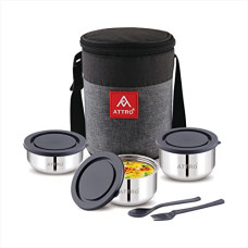 Deals and Offers on - Attro Fresho Stainless Steel Double Wall Lunch Box, Airtight & Leak Proof - 3 Containers with Bag, Fork & Spoon Deals, Discounts & Offers on - Attro Fresho Stainless Steel Double Wall Lunch Box, Airtight & Leak Proof - 3 Containers with Bag, Fork & Spoon