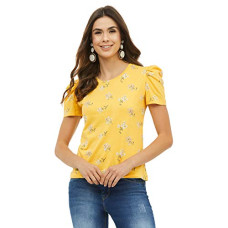 Deals and Offers on Women - Harpa Women's Floral Regular T-Shirt (GR7003_Yellow S) Deals, Discounts & Offers on Women - Harpa Women's Floral Regular T-Shirt (GR7003_Yellow S)