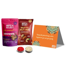 Deals, Discounts & Offers on  - Open Secret Gift Hamper for Bhai Dooj, Diwali and Dussehra: 4 Items Combo - Festive Card, Brownies, Tandoori Mix Nuts, Roli and Chawal | Premium Diwali Gift Hamper