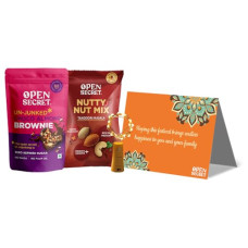 Deals, Discounts & Offers on  - Open Secret Diwali Gift Hamper with Chocolate Brownies and Healthy Dry Fruit and Nuts | 4 Item Gift Combo - Choco Almond Brownie, Dry Fruit & Nut Mixes, Decoration Lights and Special Diwali Card - Corporate Gift