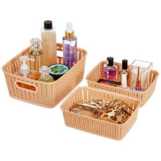 Deals and Offers on - Amazon Brand - Solimo 3 Piece Storage Basket Set, Biege, Plastic Deals, Discounts & Offers on - Amazon Brand - Solimo 3 Piece Storage Basket Set, Biege, Plastic