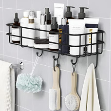Deals, Discounts & Offers on  - Plantex GI Steel Self-Adhesive Multipurpose Bathroom Shelf with Hooks/Towel Holder/Rack/Bathroom Accessories-Wall Mount - Pack of 1 (Black,Powder Coated)