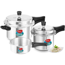 Deals and Offers on Cookware - Pigeon by Stovekraft Aluminium Pressure Cooker Combo 2 litre, 3 litre, and 5 litre, Induction Base - 12685 (Silver) Deals, Discounts & Offers on Cookware - Pigeon by Stovekraft Aluminium Pressure Cooker Combo 2 litre, 3 litre, and 5 litre, Induction Base - 12685 (Silver)