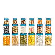 Deals, Discounts & Offers on  - Clazkit Plastic Pet Storage Jar and Container, Set of 18 (6 pcs x 350ml Each, 6 pcs x 650ml Each, 6 pcs x 1.20ltrs Each), Blue | Air Tight | Kitchen Organiser | BPA Free | Stackable