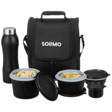 Deals, Discounts & Offers on  - Amazon Brand - Solimo Lunch Box Set with Insulated Fabric Bag | Leak Proof Microwave Safe Containers & BPA Free Lids | 250 + 400 + 500 + 150 ml containers & 750 ml SS (Steel) Water Bottle | Black