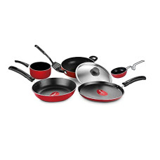 Deals, Discounts & Offers on Cookware - Pigeon Favourite 7 Piece Gift Set Non-Stick Coated Comes with Fry Pan, Kadhai, Lid, Sauce Pan, Spatula, Tadka Pan and a Tawa - Gas Stove Compatible (Red)