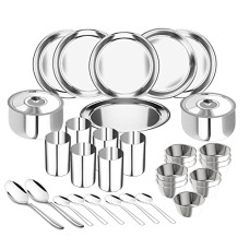 Deals, Discounts & Offers on  - Lifelong Dinner Set of 36 Pcs | Stainless Steel | 6 Full Dinner Plates| 6 Glasses| 12 Vegetable Bowl| 6 Dinner Spoons| 2 Serving Spoon |2 Serving Bowl with Lid (LLDINSET36, Silver)