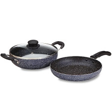 Deals, Discounts & Offers on Cookware - Amazon Brand - Solimo Aluminium 3 Piece Non-Stick Cookware Set|Granite Finish|Induction Base|Pfoa Free|High Temperature Resistant Exterior Coating|22 Cm Fry Pan,22 Cm Kadai,1 Glass Lid|Grey