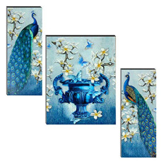 Deals, Discounts & Offers on  - Indianara Set of 3 Beautiful Pair of Peacock and Flower vase Framed Art Painting (4.5 X 12, 9 X 12, 4.5 X 12 INCH, Frameless)