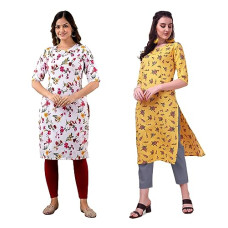 Deals, Discounts & Offers on Women - LookMark Women's Crepe White & Yellow Color 3/4 Sleeve Straight Printed Kurta | Kurti Combo Pack of 2