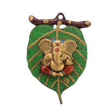 Deals and Offers on - eCraftIndia Golden Metal Lord Ganesha in Red Dhoti on Green Leaf Wall Hanging Decorative showpiece Deals, Discounts & Offers on - eCraftIndia Golden Metal Lord Ganesha in Red Dhoti on Green Leaf Wall Hanging Decorative showpiece
