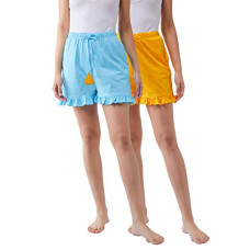 Deals and Offers on Women - Slay Day Women's 100% Cotton Yellow and Blue Solid Regular Length Shorts Pack Deals, Discounts & Offers on Women - Slay Day Women's 100% Cotton Yellow and Blue Solid Regular Length Shorts Pack