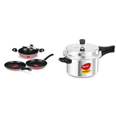 Deals, Discounts & Offers on Cookware - Pigeon Basics Non Stick Aluminium Non Induction Base Cookware Set& Favourite Induction Base Aluminium Pressure Cooker with Outer Lid, 5 Litre