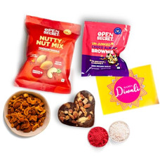 Deals, Discounts & Offers on  - Open Secret Gift Hamper: 4 Items Combo - Festive Card, Brownies, Tandoori Mix Nuts, Roli and Chawal | Premium Gift Hamper