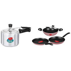 Deals, Discounts & Offers on Cookware - Pigeon Basics Non Stick Aluminium Non Induction Base Cookware Set, Including Dosa Tawa, Kadai with Glass Lid, and Frying Pan, (Pink) & Non Induction Base Aluminium Inner Lid Pressure Cooker (3 L)