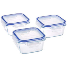 Deals, Discounts & Offers on  - : Amazon Brand - Solimo Square Glass Storage Container Set 450ml Set of 3 Transparent