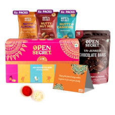 Deals, Discounts & Offers on  - Open Secret Bhaidooj Gift Hamper with Chocolate Cookies | 10 Item Gift Combo - Assorted Chocolate Cookies Biscuits, Dark Chocolate, Dry Fruit and Nuts Combo Set - Cashew Almond, Bhai dooj Card, Roli Chawal, Tikha Threads | Premium Dry-Fruits Healthy Snack