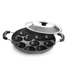 Deals and Offers on Cookware - Cello Non-Stick 12 Cavity Grill Appam Patra 2 Side Handle with Stainless Steel Lid Deals, Discounts & Offers on Cookware - Cello Non-Stick 12 Cavity Grill Appam Patra 2 Side Handle with Stainless Steel Lid