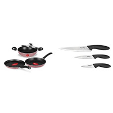 Deals and Offers on Cookware - Pigeon by Stovekraft Basics Aluminium Non-Stick Cookware Set, Set of 3 (with one lid), Pink & Stainless Steel Kitchen Knives Set, 3-Pieces, Multicolour Combo Deals, Discounts & Offers on Cookware - Pigeon by Stovekraft Basics Aluminium Non-Stick Cookware Set, Set of 3 (with one lid), Pink & Stainless Steel Kitchen Knives Set, 3-Pieces, Multicolour Combo