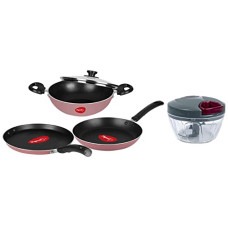 Deals, Discounts & Offers on Cookware - Pigeon by Stovekraft Basics Aluminium Non-Stick Cookware Set, Set of 3 (with one lid), Pink & Handy Mini Plastic Chopper with 3 Blades, Grey Combo