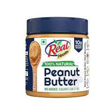Deals, Discounts & Offers on  - Real Health 100% Natural Peanut Butter (Creamy) - 350gm | Unsweetened | High Protein with 10g Protein per serve | For Fitness conscious, gym goers | Zero Trans Fat | Gluten Free | Non-GMO Peanuts