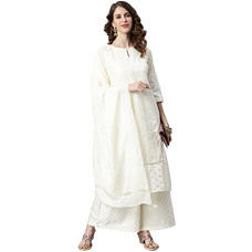 Deals and Offers on Women - Janasya Women's Off- White and Silver Poly Silk Kurta With Palazzo and Dupatta Deals, Discounts & Offers on Women - Janasya Women's Off- White and Silver Poly Silk Kurta With Palazzo and Dupatta