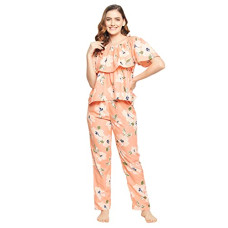 Deals, Discounts & Offers on Women - Clovia Women's Rayon Pretty Florals Cold Shoulder Top & Pyjama Set in Orange