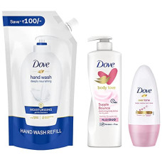 Deals and Offers on - Dove Body Love Supple Bounce Body Lotion &Dove Eventone Deodorant Roll On&Dove Moisturising Liquid Hand Wash 900 ml Refill Deals, Discounts & Offers on - Dove Body Love Supple Bounce Body Lotion &Dove Eventone Deodorant Roll On&Dove Moisturising Liquid Hand Wash 900 ml Refill