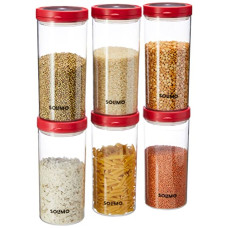 Deals and Offers on - Amazon Brand - Solimo Twist & Lock Plastic Storage Container Set, 1400 ml, Set of 6, Red Deals, Discounts & Offers on - Amazon Brand - Solimo Twist & Lock Plastic Storage Container Set, 1400 ml, Set of 6, Red