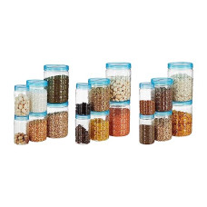 Deals and Offers on - Amazon Brand - Solimo Plastic Checkered Jar Container, Set Of 18 (6 Pcs X 250 Ml Each, 6 Pcs X 500 Ml Each, 6 Pcs X 1000 Ml Each), Blue | Kitchen Organiser | Bpa Free | Stackable Deals, Discounts & Offers on - Amazon Brand - Solimo Plastic Checkered Jar Container, Set Of 18 (6 Pcs X 250 Ml Each, 6 Pcs X 500 Ml Each, 6 Pcs X 1000 Ml Each), Blue | Kitchen Organiser | Bpa Free | Stackable