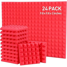 Deals, Discounts & Offers on  - Cambik Acoustic Foam Wedge Shape Panels - 12x12x2 In, Music Studio Sound Absorbing Soundproofing Foams, Control Echo with High Density Noise Absorber Wall Panels, (Red- Pyramid- Pack of 24)
