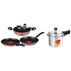 Deals, Discounts & Offers on Cookware - Pigeon Basics Non Induction Base Nons tick Aluminium Cookware Set (Pink) & Pigeon by Stovekraft Favourite Induction Base Aluminium Pressure Cooker with Outer Lid, 3 litres (Silver)