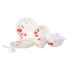 Deals and Offers on - Larah by BOROSIL Red Carnation Opalware Glass Dinner Set (White) - 25 Pieces Deals, Discounts & Offers on - Larah by BOROSIL Red Carnation Opalware Glass Dinner Set (White) - 25 Pieces
