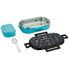 Deals and Offers on - Amazon Brand - Solimo Stainless Steel Lunch Box with Spoon and Side Container, 800 ML, Blue Deals, Discounts & Offers on - Amazon Brand - Solimo Stainless Steel Lunch Box with Spoon and Side Container, 800 ML, Blue