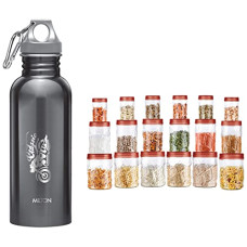 Deals and Offers on - MILTON Vitro Plastic Jar Set, 18- Pieces, Transparent & Alive 750 Stainless Steel Water Bottle, 750 ml, Black Combo Deals, Discounts & Offers on - MILTON Vitro Plastic Jar Set, 18- Pieces, Transparent & Alive 750 Stainless Steel Water Bottle, 750 ml, Black Combo