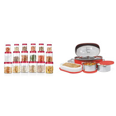 Deals and Offers on - MILTON Vitro Plastic Jar Set, 18- Pieces, Transparent & Executive Plastic Lunch Box, 260ml, Red Combo Deals, Discounts & Offers on - MILTON Vitro Plastic Jar Set, 18- Pieces, Transparent & Executive Plastic Lunch Box, 260ml, Red Combo