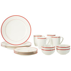Deals and Offers on - Amazon Brand - Solimo Ceramic 16 Piece Dinner Set | 4 Dinner Plates, 4 Quarter Plates, 4 Mugs & 4 Small Bowls | Red Strip Design Deals, Discounts & Offers on - Amazon Brand - Solimo Ceramic 16 Piece Dinner Set | 4 Dinner Plates, 4 Quarter Plates, 4 Mugs & 4 Small Bowls | Red Strip Design