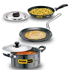 Deals, Discounts & Offers on Cookware - Hawkins Futura 3 Pieces Cookware Set 1, Induction Cookware Set - Non Stick Frying Pan, Flat Tava and Cook-n-Serve Stewpot with One Stainless Steel Lid, Black (INSET1)