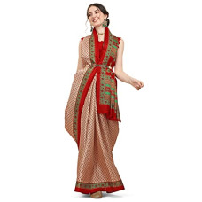 Deals, Discounts & Offers on Women - EthnicJunction Women's Art Silk Printed Saree With Unstitched Blouse Piece (EJ7068-Nency-Beige Red_Beige & Red)