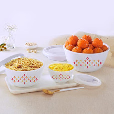 Deals, Discounts & Offers on  - Cello Opalware Mixing Bowl Set with Premium Lid, Sparkling Star, Set of 3, (500 ml, 1000 ml, 1500 ml), White