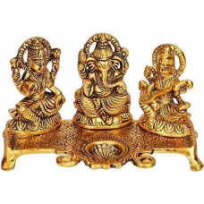 Deals, Discounts & Offers on  - Fashion Bizz Lord Lakshmi Ganesha Saraswati Idol with Diya Decorative Showpiece (Metal, Gold)