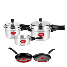 Deals and Offers on Cookware - Pigeon by Stovekraft Aluminium Outer Lid Pressure Cooker Cooker 2,3 and 5 Litre with Flat Tawa and Fry Pan Combo, silver, large, 14465 Deals, Discounts & Offers on Cookware - Pigeon by Stovekraft Aluminium Outer Lid Pressure Cooker Cooker 2,3 and 5 Litre with Flat Tawa and Fry Pan Combo, silver, large, 14465