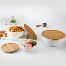 Deals, Discounts & Offers on  - CELLO Opalware Royale Mixing Bowl Set with Bamboo Lid - Vintage 500ml, 1000ml, 1500ml, White, 3 Units